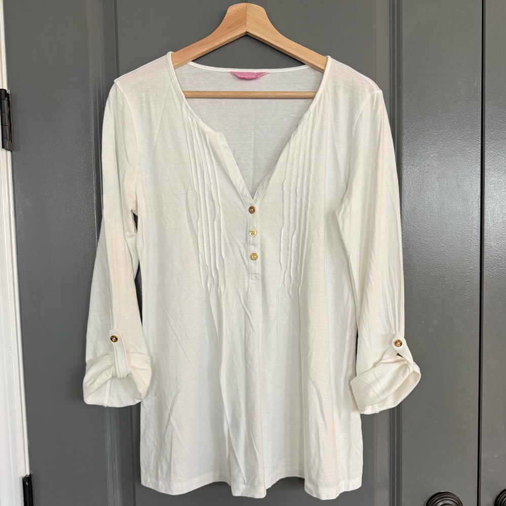 Lilly Pulitzer Resort White Pintucked Roll Sleeved Tunic Top Size Large